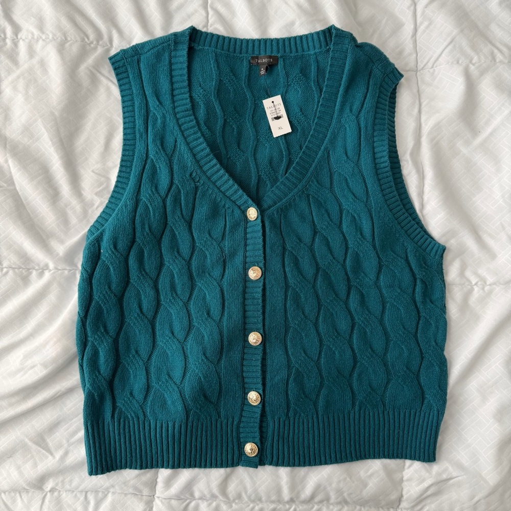 NWT Talbots Cable Knit V-Neck Sweater Vest Women’s XL Teal Blue Academia Preppy